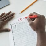 Close-up of a teacher grading multiple choice exams with a red pen on a desk.